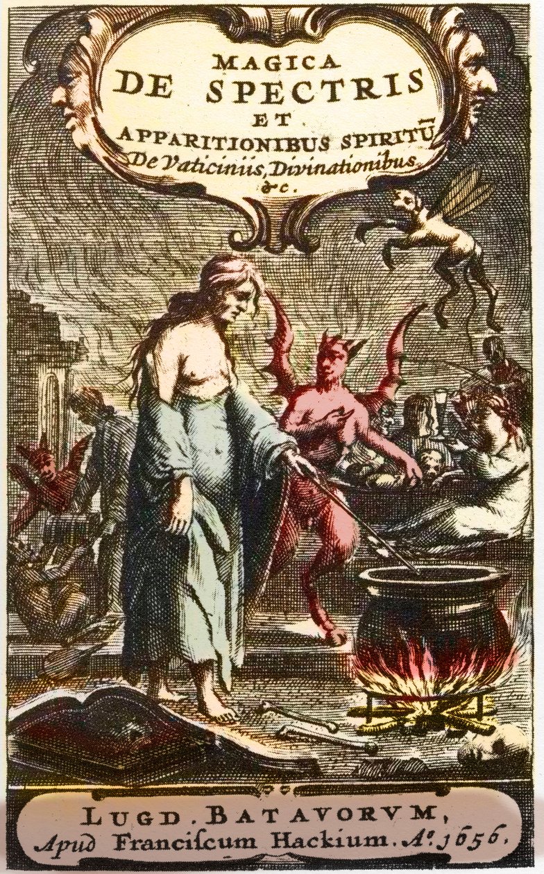 Trollkvinner som tilbereder eliksirer overvåket av djevler, frontispice fra ""Magic of specters and apparitions in spirit of prophecies and divination"", av Henningus Grosius av Unknown artist