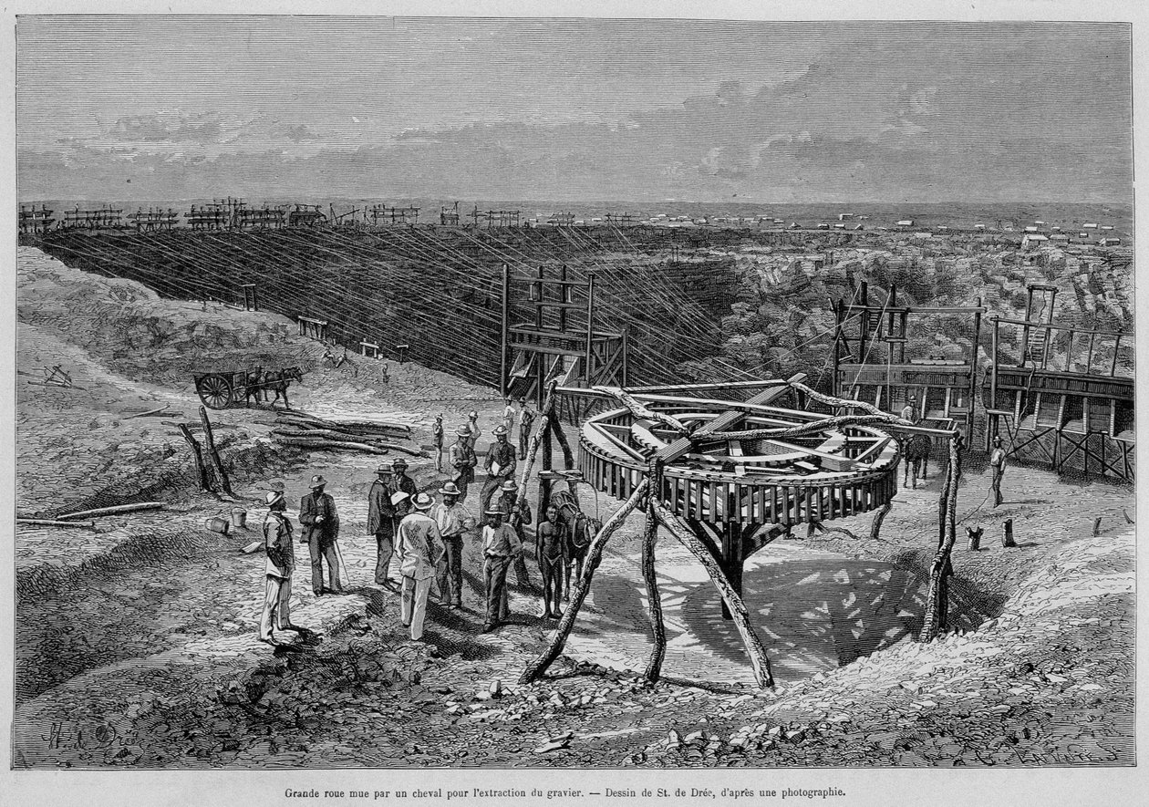 Sørafrikanske diamantgruver: hestetrukket grusmølle - i «Tour du Monde», 2. uke 1878. av Unknown artist