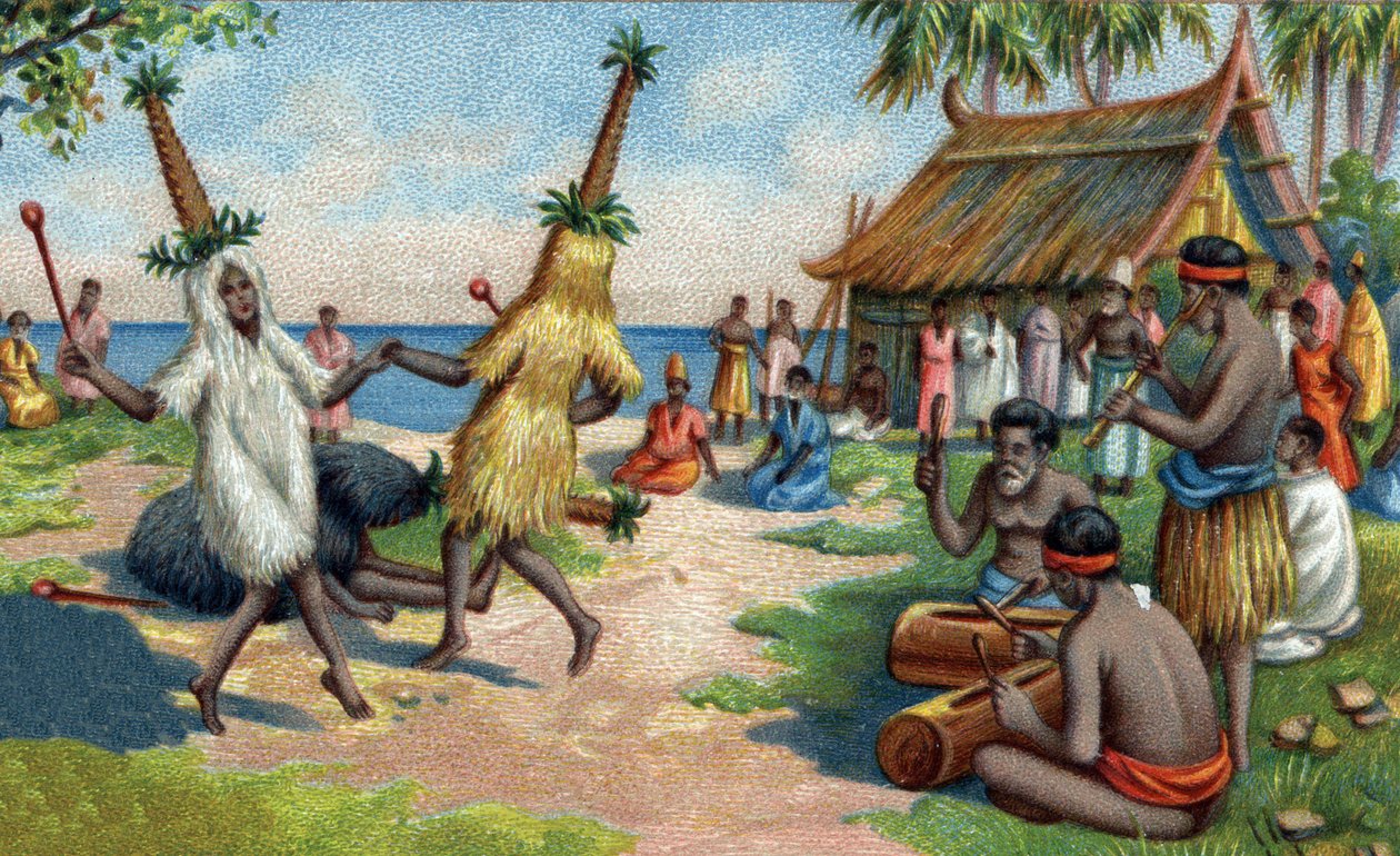 South Pacific Island dancers: they wear clothing made of hummingbird feathers, cacatoes and Paradise birds at religious ceremonies. Chromolithography of the 19th century av Unknown artist