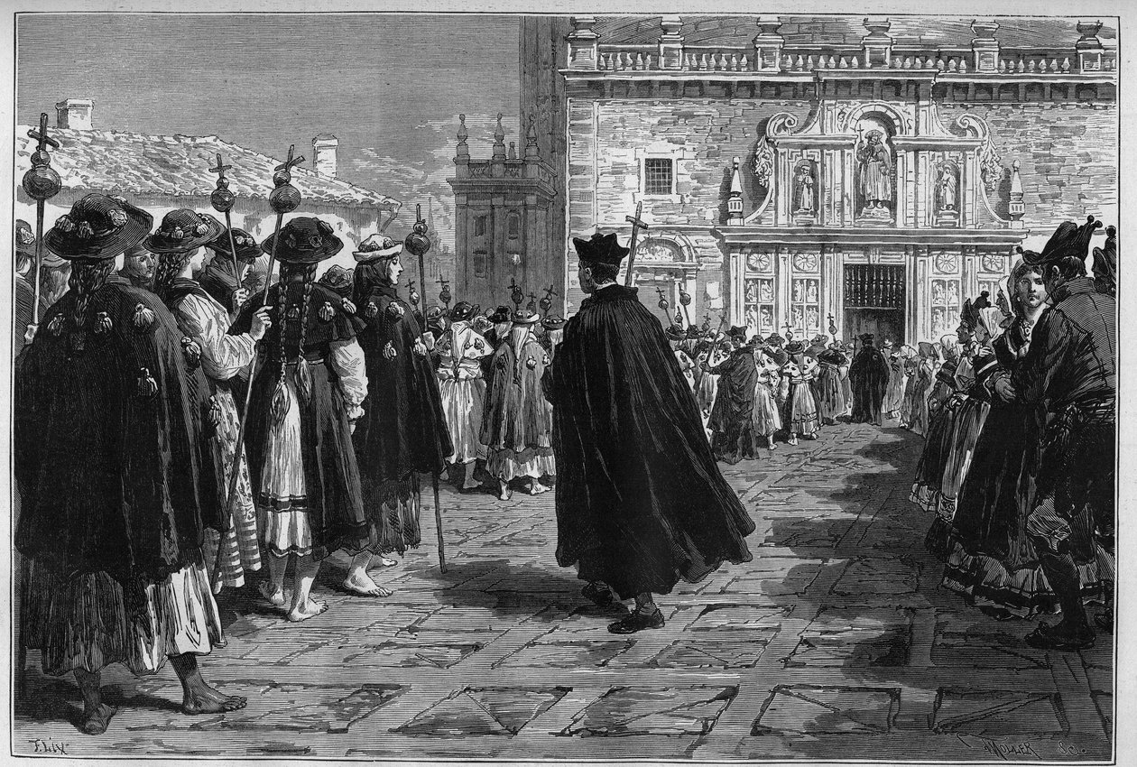 Spania 1880: festene til Santiago de Compostela (Santiago de Compostela), prosesjonen til pelerinene ved inngangen til basilikaen. av Unknown artist