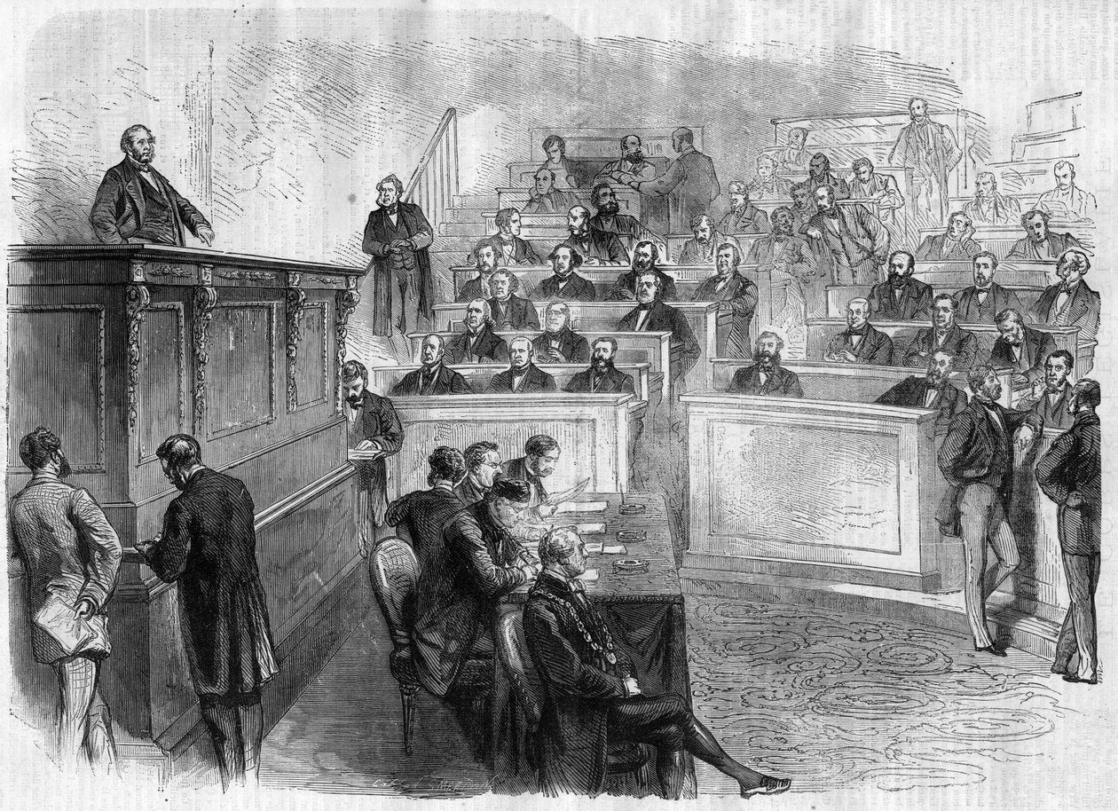 Tale av Eugene Rouher (1814-1884) ved tribune du corps legislatif - gravering i "" Le Journal Illustronne"" av Unknown artist