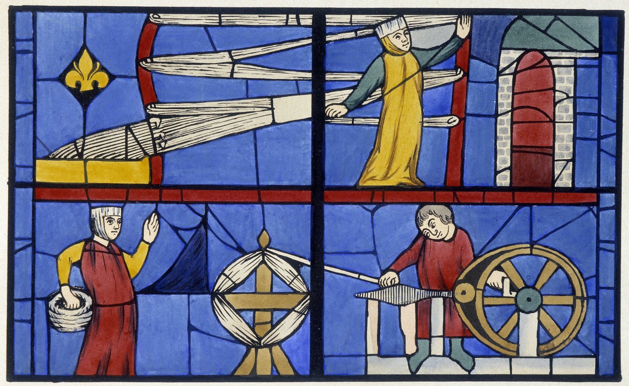 Spinneverksted. Ansiktsliknelse av et glassmaleri fra Cathedrale d