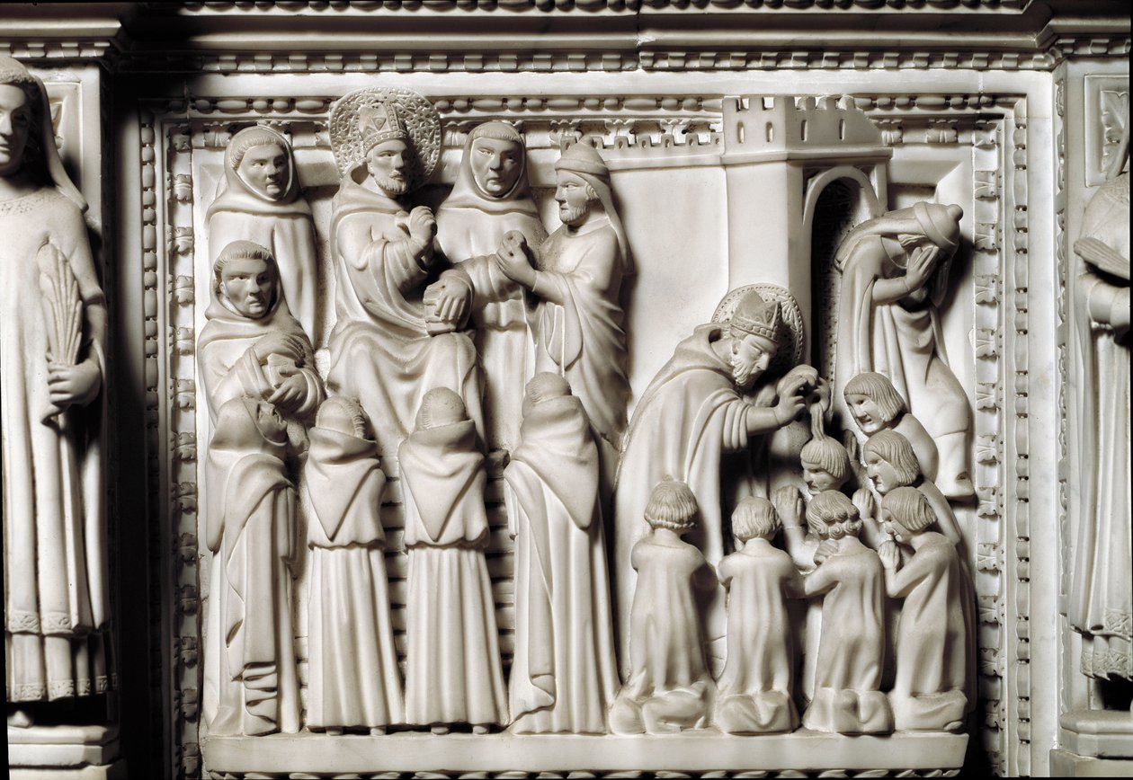 St Augustine ark med relikvier av helgenen, detalj av relieff som viser disputasen og dåpen av St Augustine. Marmor skulptur av Unknown artist