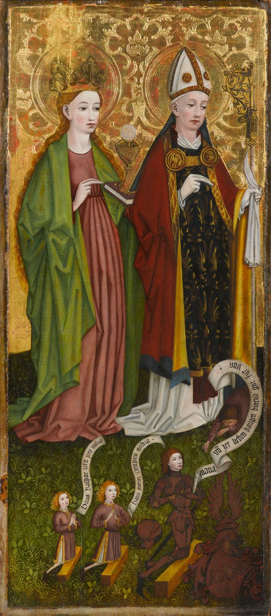 St. Barbara og St. Valentine med Caspar von Laubenberg og hans sønner, ca. 1450 (tempera og olje på panel) av Unknown artist