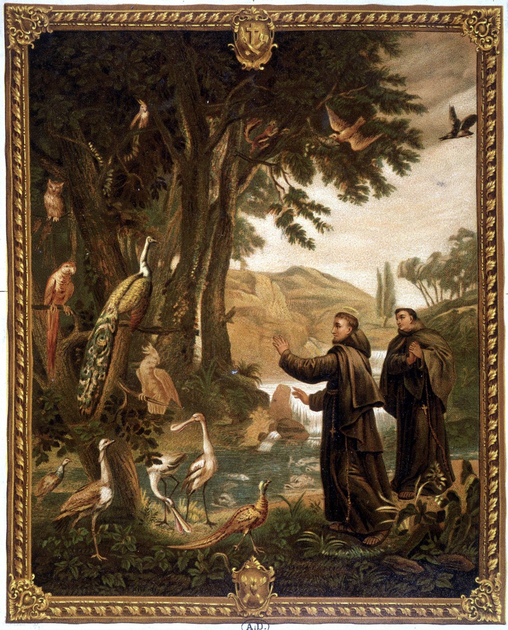 St. Frans av Assisi snakker med fugler - kromo fra 1800-tallet som gjengir et maleri fra 1700-tallet. av Unknown artist