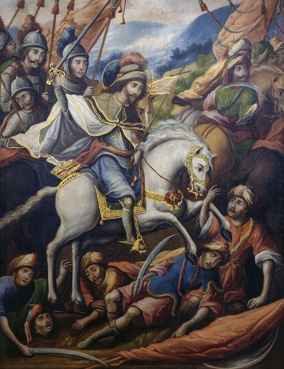 St James på hesteryggen dreper maurerne, detalj fra Paravento della conquista (erobringens skjerm), olje på lerret av en ukjent kunstner fra 1600-tallet, 213x550 cm, Mexico av Unknown artist
