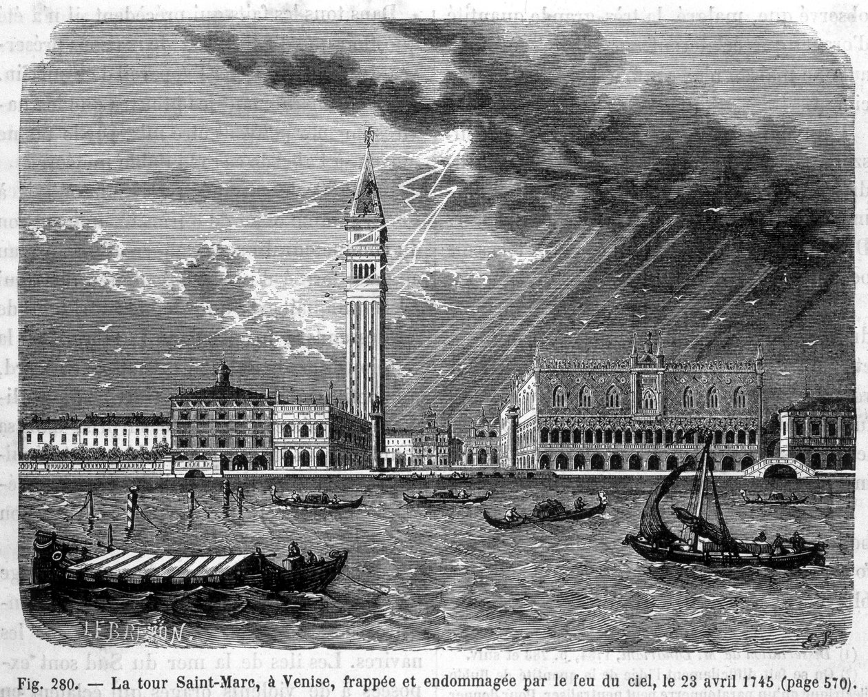 Markustårnet i Venezia truffet og skadet av himmelens brann 23. april 1745 - i "" Vitenskapens underverk"" av Louis Figuier av Unknown artist