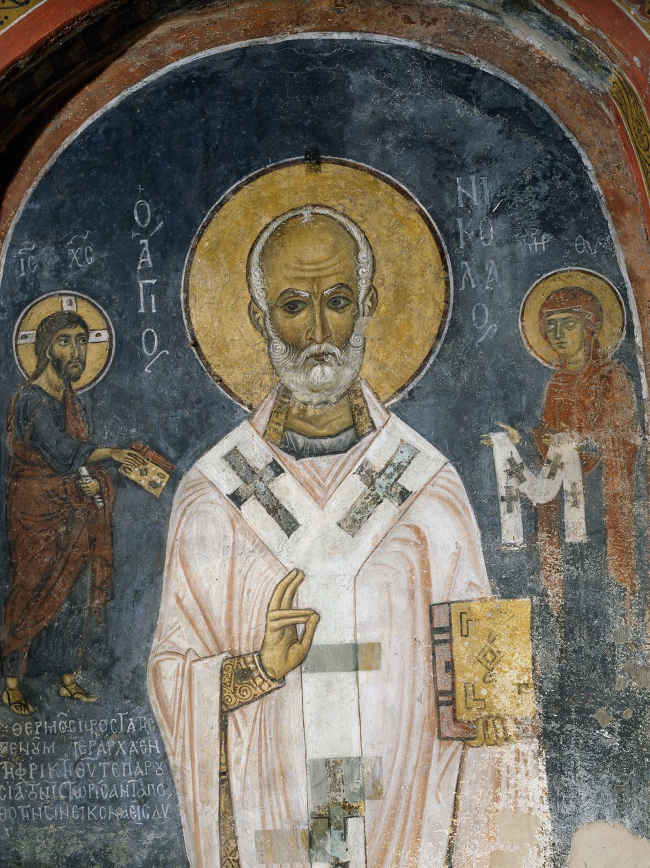 St Nicholas of Myra, fresco (1100-tallet), Church of Ayios Nikolaos tis Steyis (Saint Nicholas of Roof) (11. århundre) (Unescos verdensarvliste, 2001), Troodos-fjellene, Kypros av Unknown artist