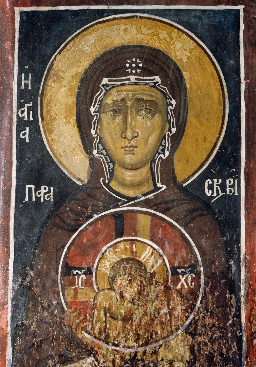 St Paraskevi, personifisering av langfredag med ikonet av Kristus av Høyeste Ydmykhet, freskomaleri (1332-1333), Den bysantinske kirken Vår Frue av Asinou (1100-tallet) (Unescos verdensarvliste, 2001) Troodos-fjellene, Kypros av Unknown artist