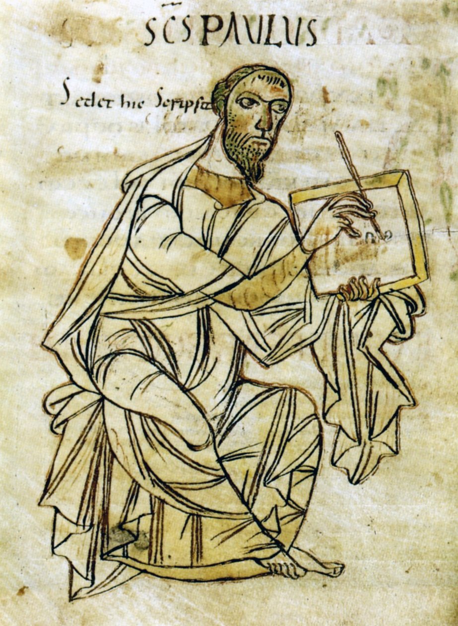 St. Paul-skrift, fra en tidlig 9. århundres manuskriptversjon av St. Pauls brev (vellum) av Unknown artist