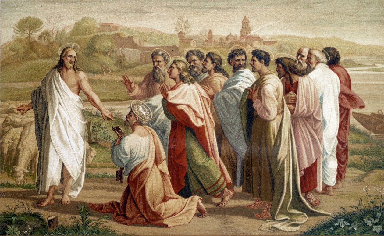 Peters misjon: Jesus overlater flokken sin til Peter i nærvær av de andre apostlene - ifølge maleri fra 1500-tallet av Unknown artist