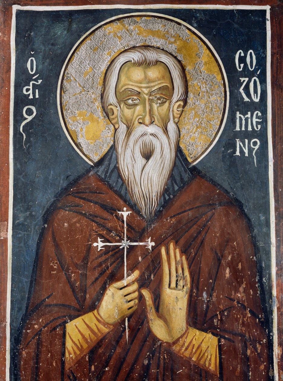 St. Sozomen, første helgen for den kypriotiske kirken, freskomaleri (1332-1333), Den bysantinske kirken Vår Frue av Asinou (1100-tallet) (Unescos verdensarvliste, 2001), Troodosfjellene, Kypros av Unknown artist
