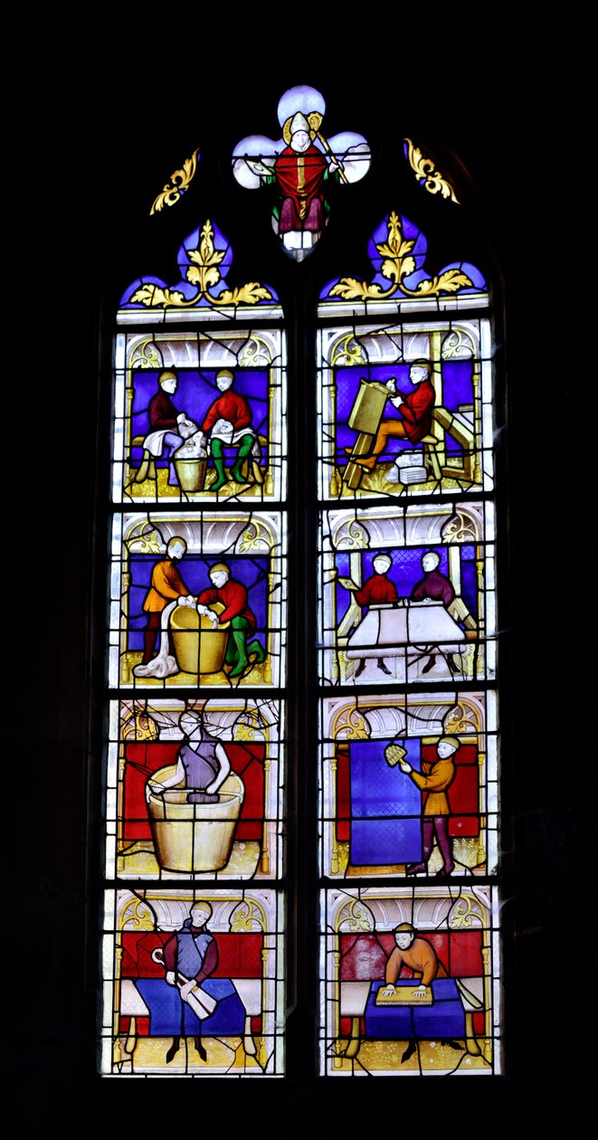 Farget vindu som viser fremstillingen av stoff, midten av 1400-tallet - Chapelle Saint Blaise (Saint Blaise) av Church Collegiale Lady of Semur-en-Auxois (Notre Dame de Semur en Auxois), Burgund av Unknown artist