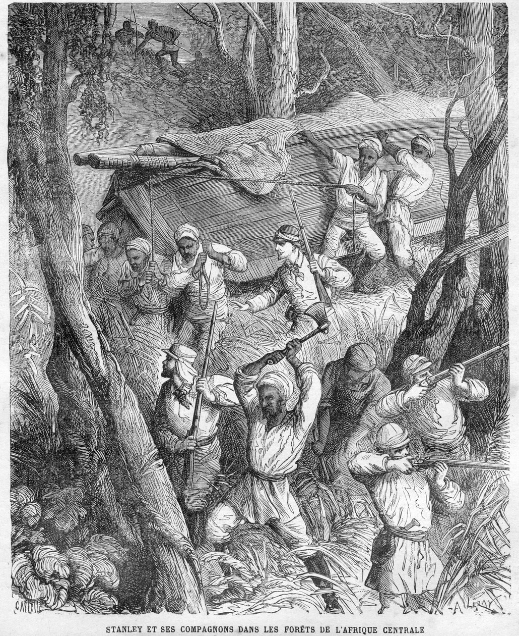 Stanley i Afrika - Stanleys ekspedisjon til Sentral-Afrika 1874-1877: marsjering gjennom jungelen - Tresnitt etter tegning av Horace Castelli (1825-1889). av Unknown artist