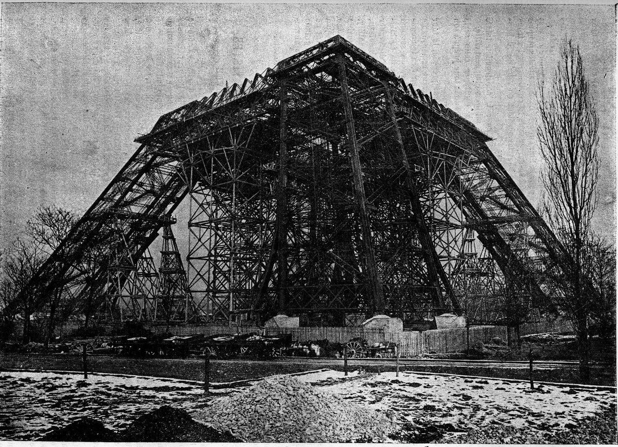 Status for byggingen av Eiffeltårnet i Paris i begynnelsen av mars 1888, Gravering i tidsskriftet "" la jeunesse"" av Unknown artist