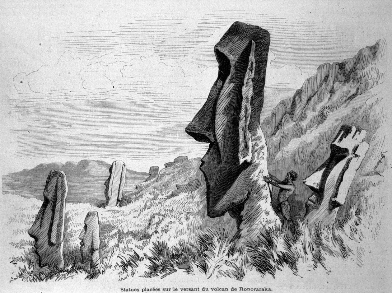 Statuer plassert i skråningen av vulkanen Ronoraraka på Påskeøya (Rapa Nui). Gravering 1871. av Unknown artist