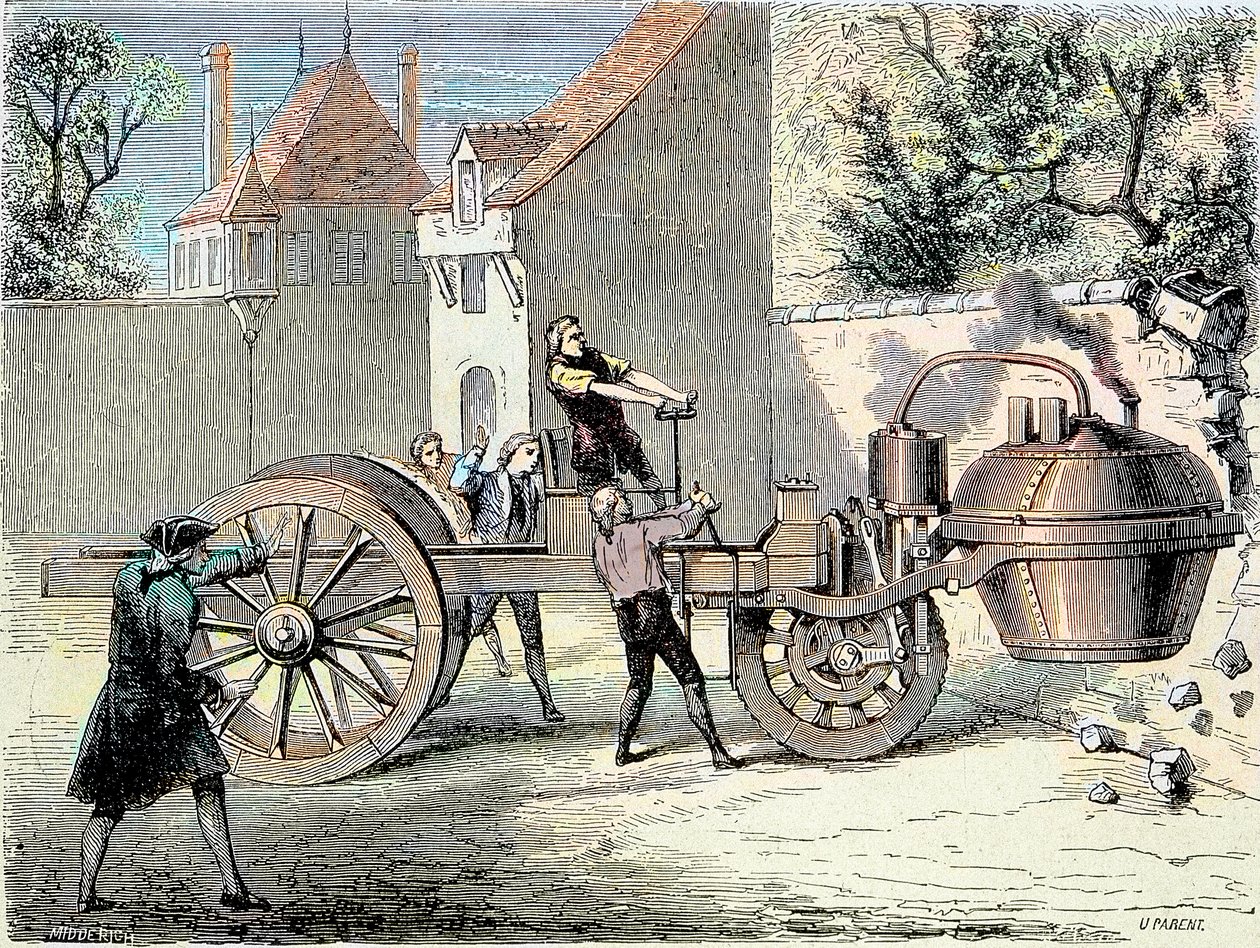 Dampdrevet bil oppfunnet av Nicolas Joseph Cugnot (1725-1804) som gikk ut av kontroll og slo ned en del av en vegg i 1770 (først rapportert «bilulykke») - i «Album de la Science; berømte forskere; Store oppdagelser”” 1896 av Unknown artist