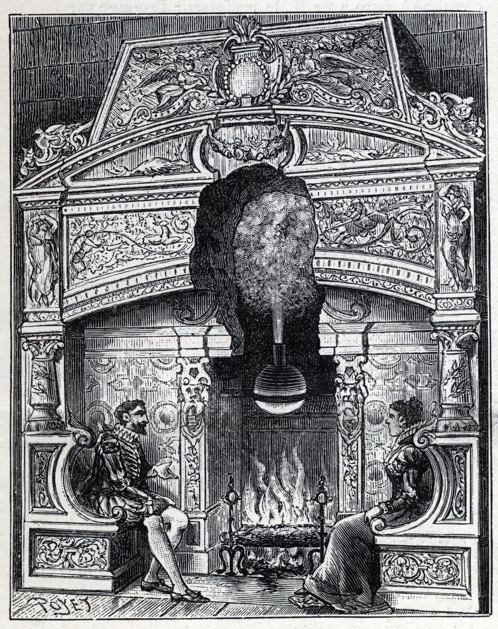 Steam and solar heat: Eolipyl fireplace, steam and reaction machine system originally designed by Heron of Alexandria (80 BC). Engraving in “” La Nature”” av Unknown artist