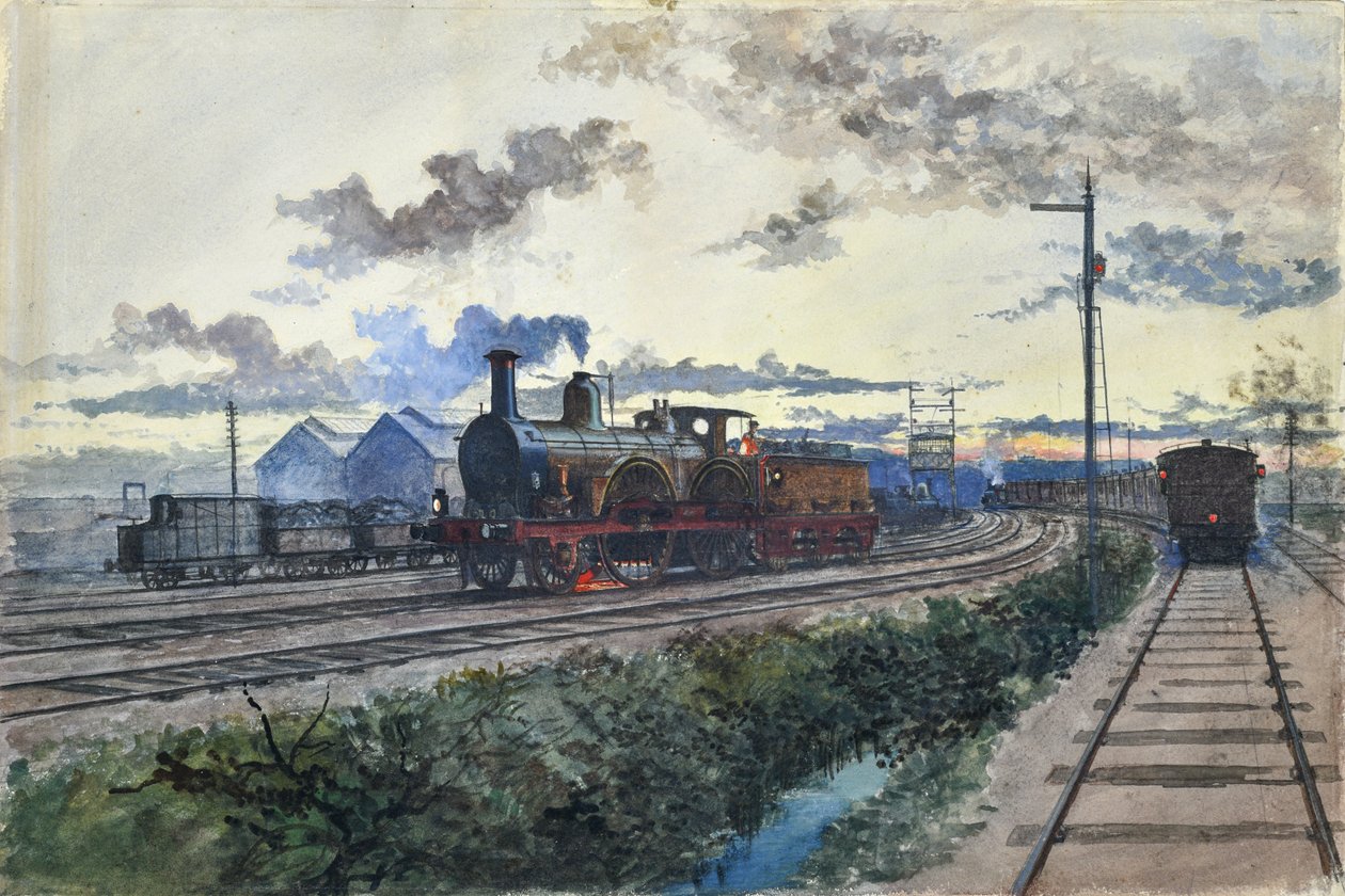 Damplokomotiv, ca. 1870 (akvarell på papir) av Unknown artist