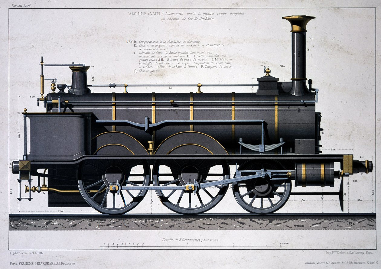 Damplokomotiv av Mulhouse Railway - tegning i vask av Unknown artist