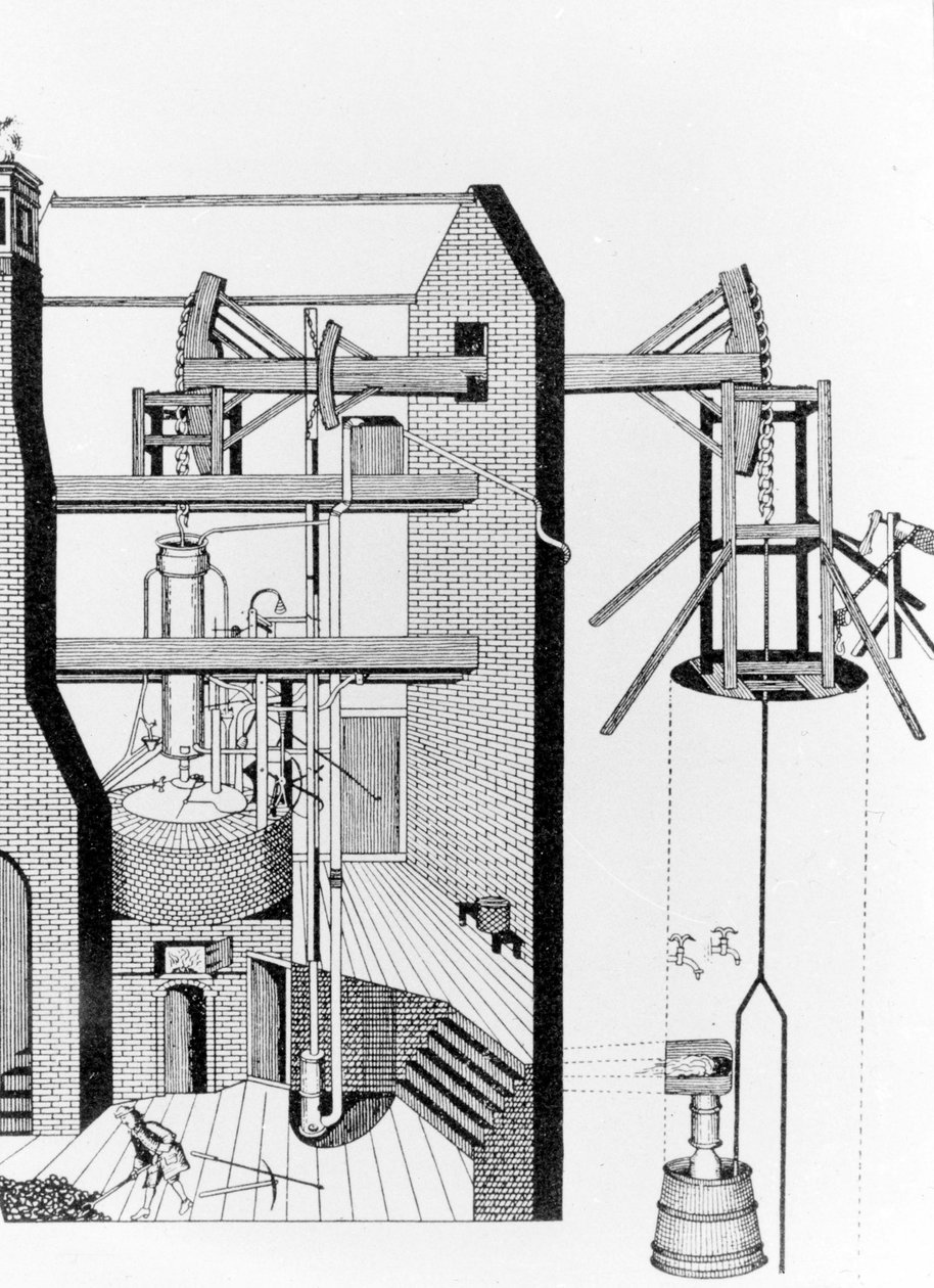 Dampmaskin fra Newcomen (1663 - 1729). av Unknown artist