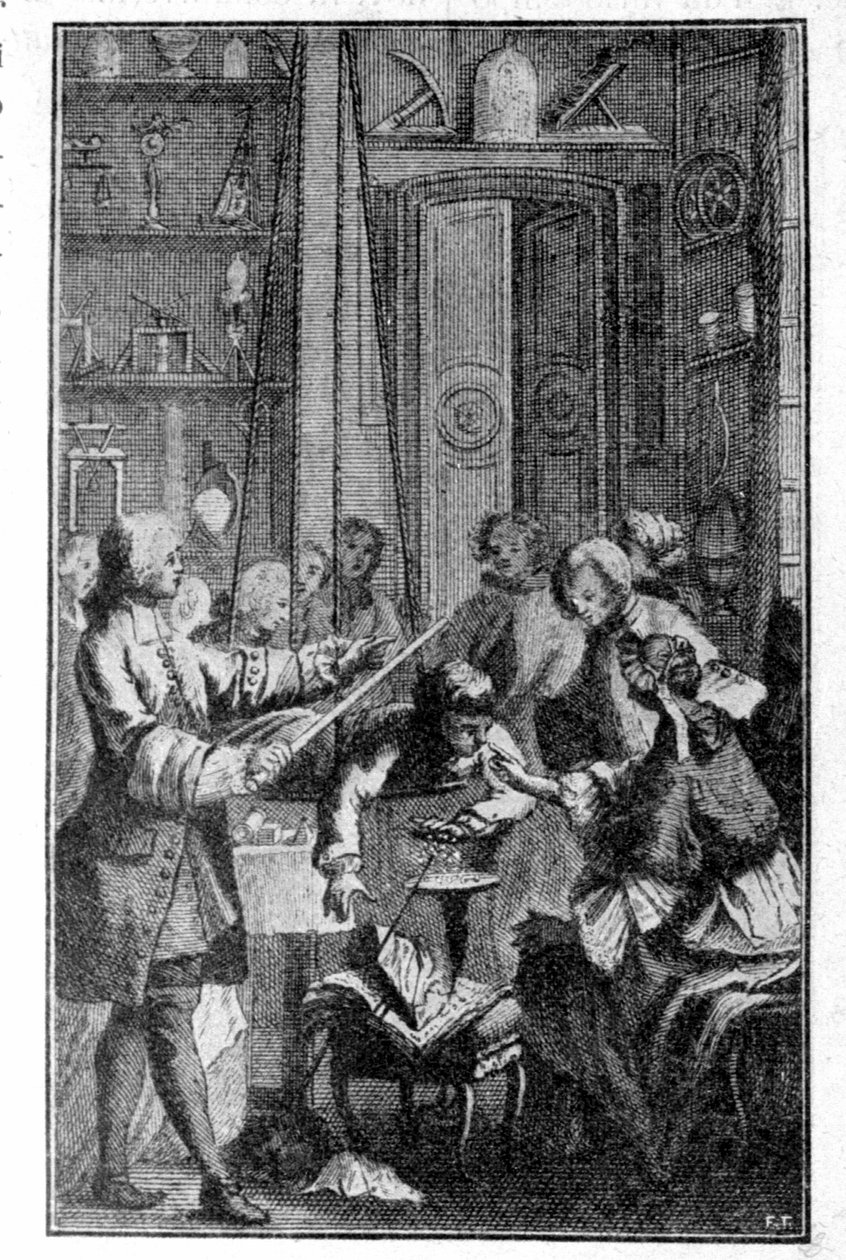 Stephen Grays eksperiment (1670 - 1736) på den elektriske ledningsevnen til menneskekroppen. Gravering fra 1800-tallet. av Unknown artist