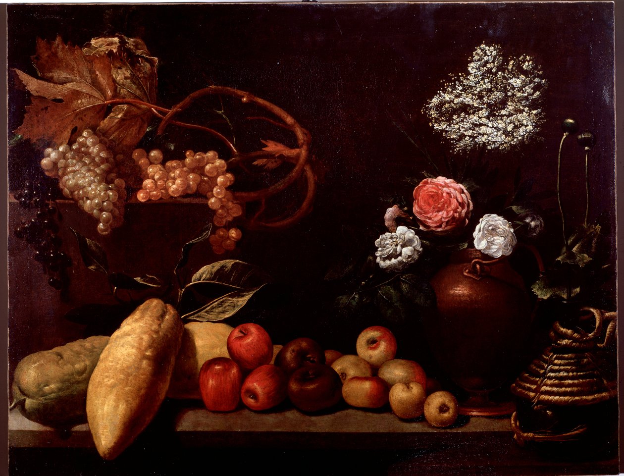 Stilleben med roser, buskblomster, sitroner og druer (maleri av Unknown artist