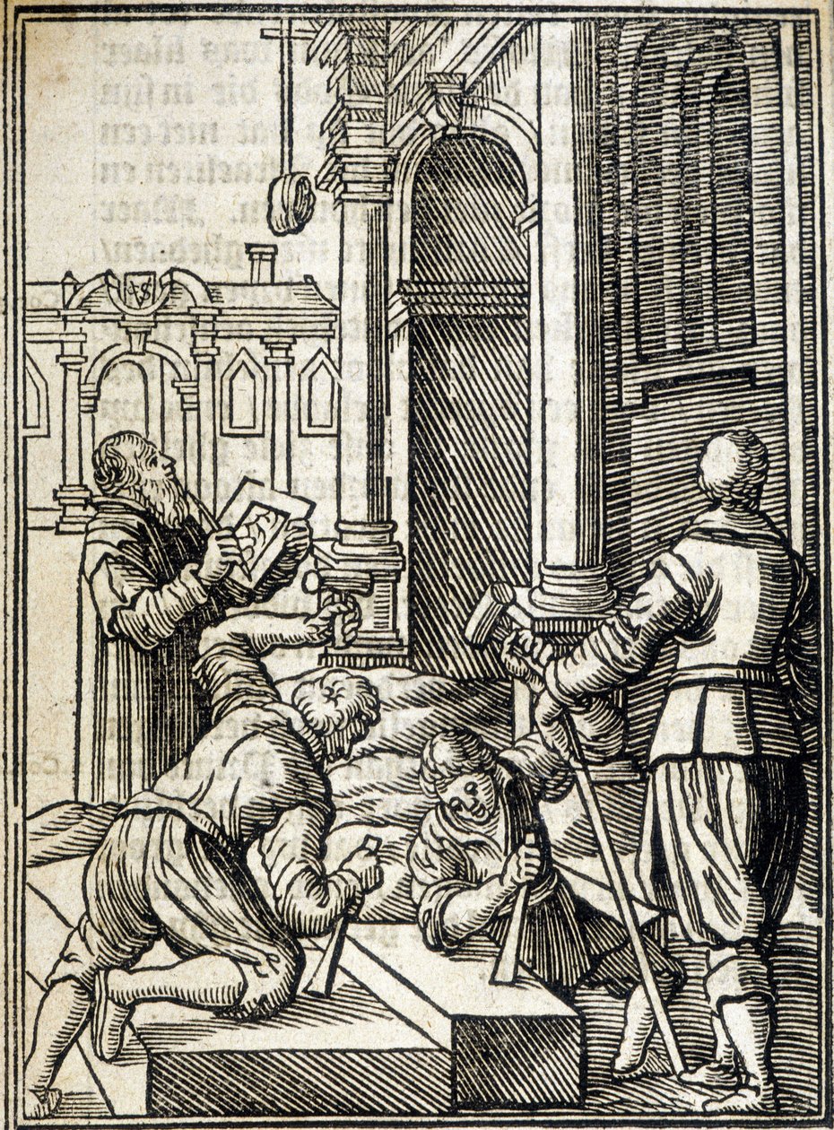 Steinskjærere som jobber med byggingen av en katedral - gravering av Unknown artist