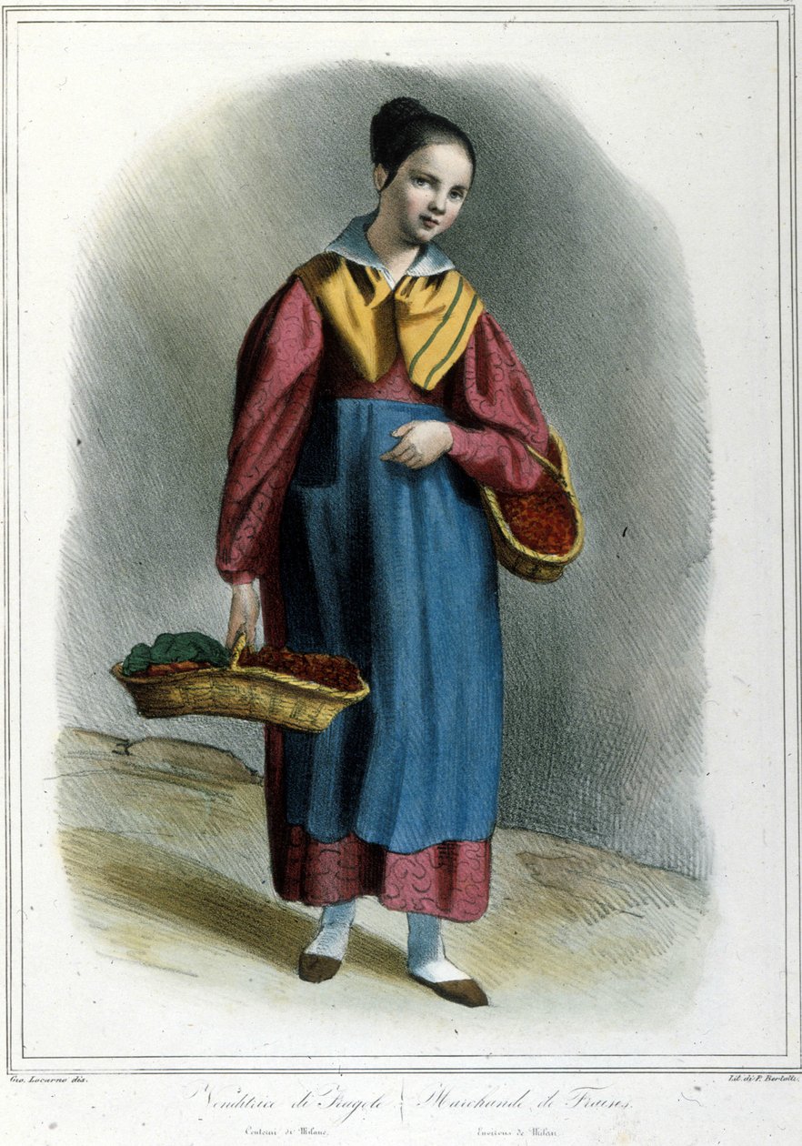 Jordbærselger. Gravering fra "" Milanese Costume of Locarno "" av Unknown artist