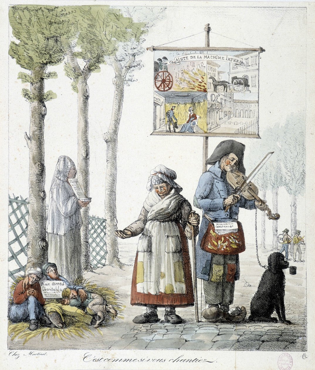 Gatemusikere, tiggende barn - litografi av Unknown artist