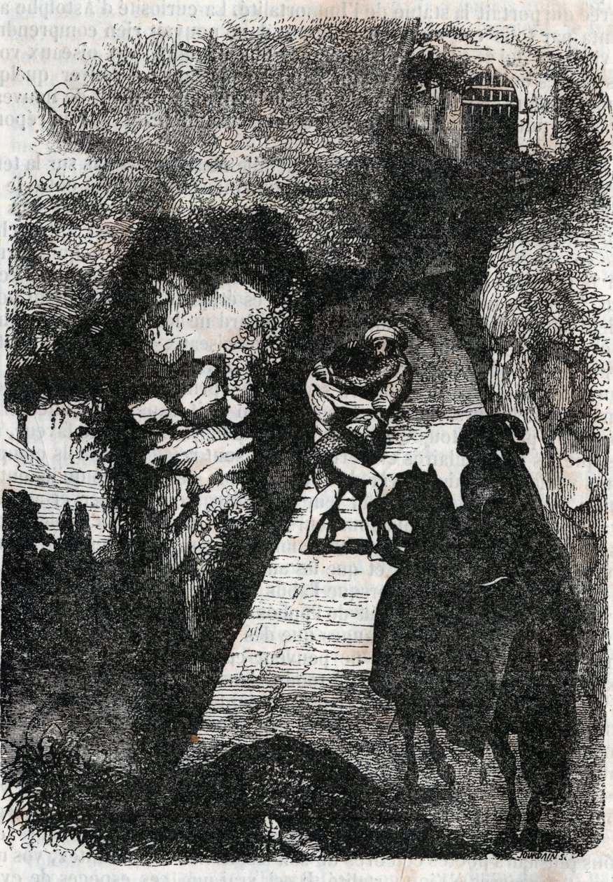 Kamp mellom Roland og Rodomont - gravering av 1851 fra "" Furious Roland"" (Orlando furioso) (1500-tallet) av Ludovico Ariosto, kjent som Ariosta - utgave oversatt fra italiensk av greven av Tressan og utgitt av Gustave Harvard 1851 av Unknown artist