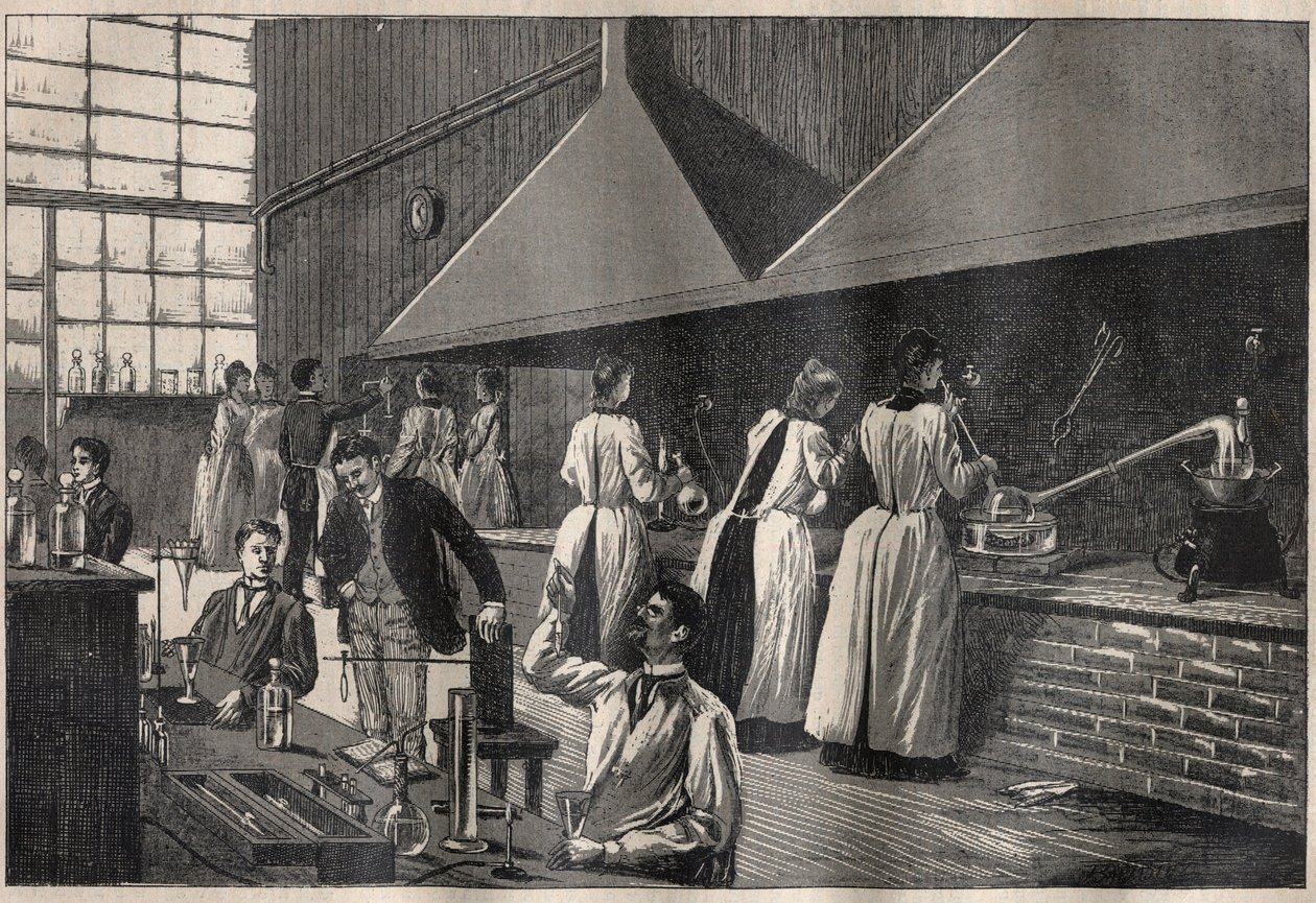 Studenter og professorer i det praktiske laboratoriet ved Conservatoire des Arts et Metiers (Arts-et-Metiers) i Paris av Unknown artist