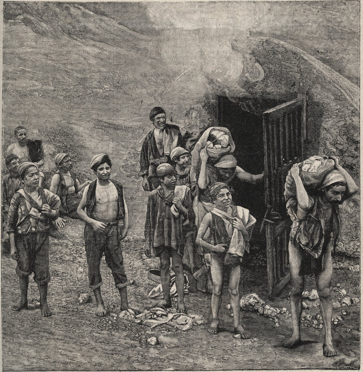 Svovelutvinning (Zolfara) på Sicilia, tegning av Unknown artist