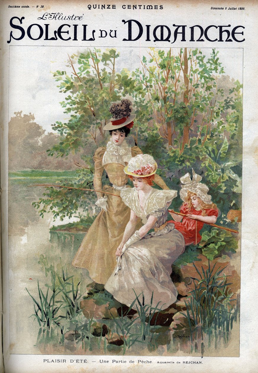 Sommermoro: kvinner som spiller en omgang fiske. Gravering i "" Le sun-du-dimanche", 9. juli av Unknown artist