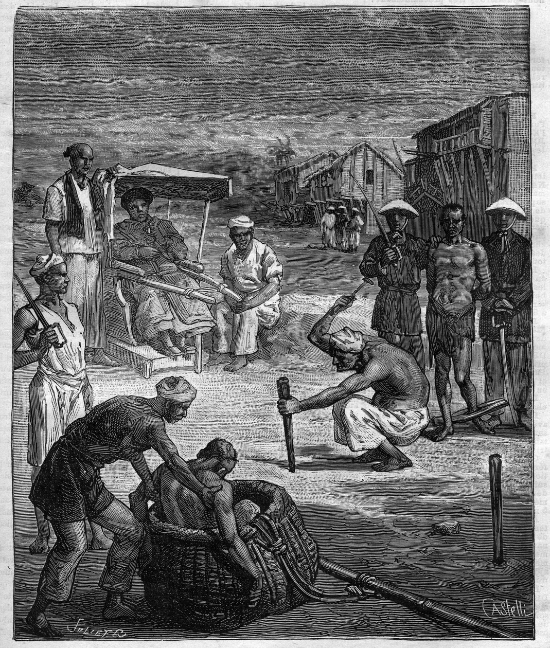 Supply of two Pirates at Tonkin - The Tonkin Pirate - illustrasjon til romanen av Pierre Mael (Charles Causse og Charles Vincent) gravering i "" journal des voyages""" 1884 av Unknown artist