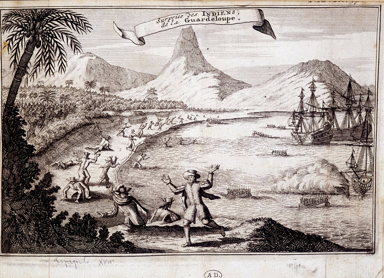 Overraskelse av indianerne ved landingen av Christopher Columbus i Guadeloupe (karaveller) - gravering av Unknown artist