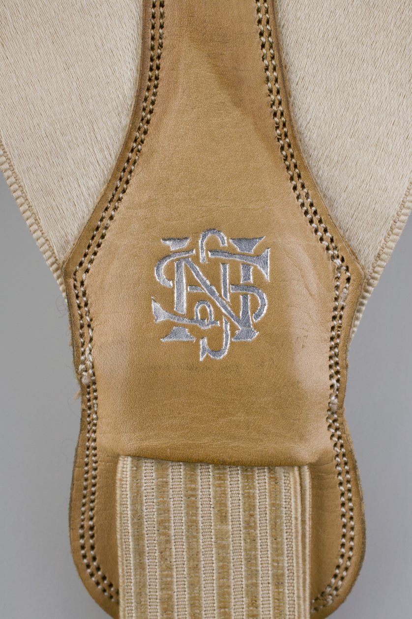 Seler, ca. 1880 (detaljvisning), brodert hvit sateng, lær, sølv, produsent ukjent av Unknown artist
