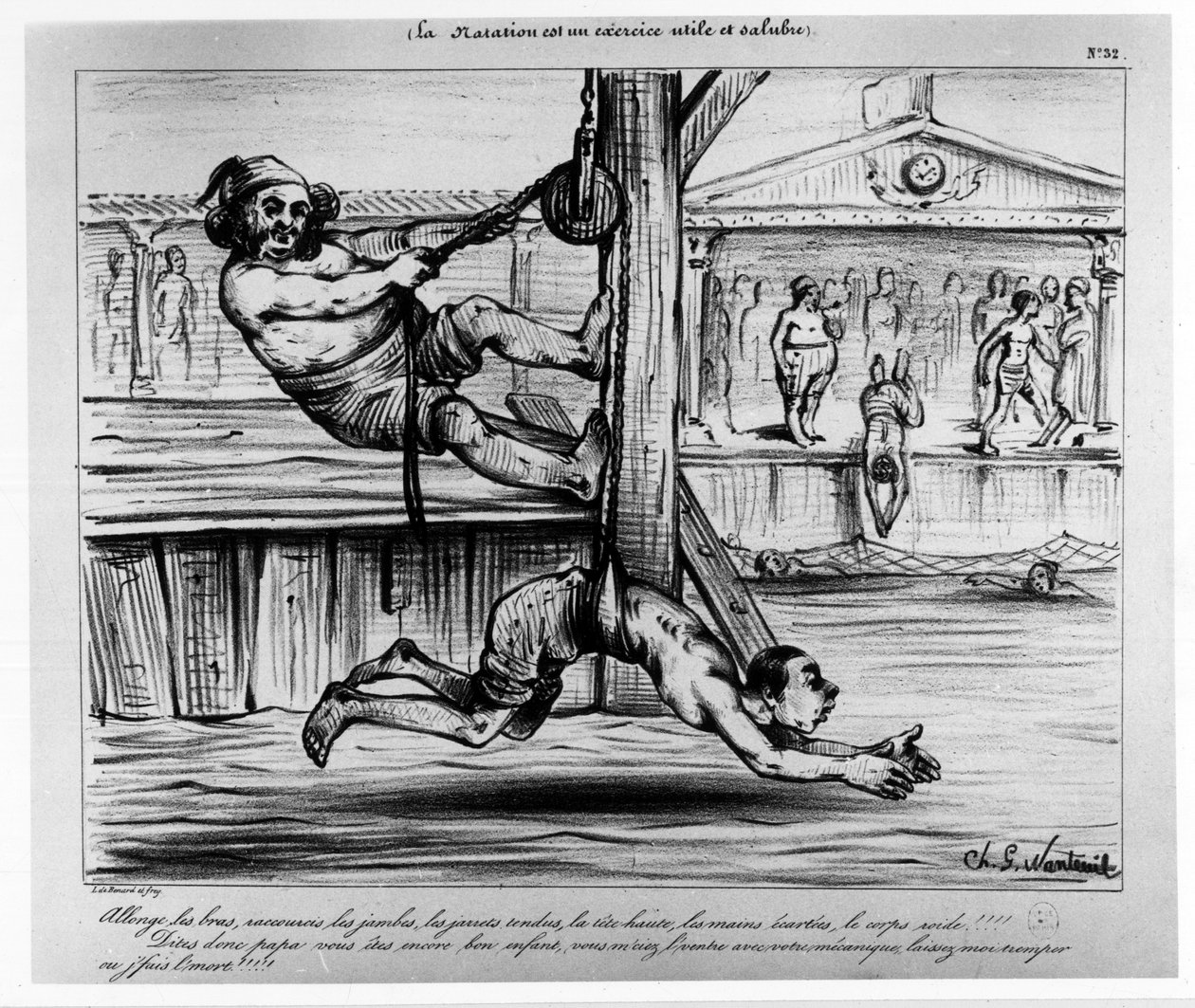 Svømming er en nyttig og sunn trening: en humoristisk øvelse om å lære svømming - Musee Carnavalet, sd, ca 1850 av Unknown artist