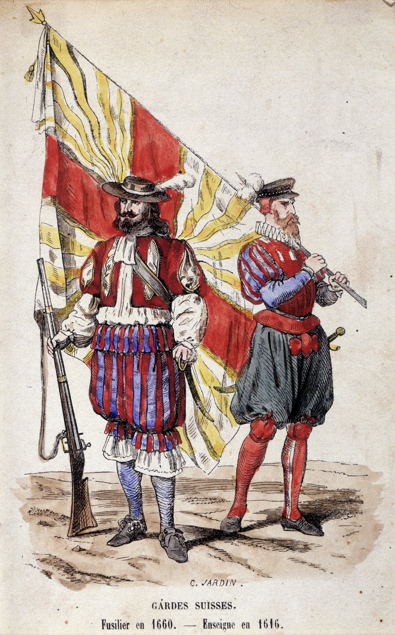 Swiss Guards: Fusilier i 1660 og Ensign i 1616. av Unknown artist