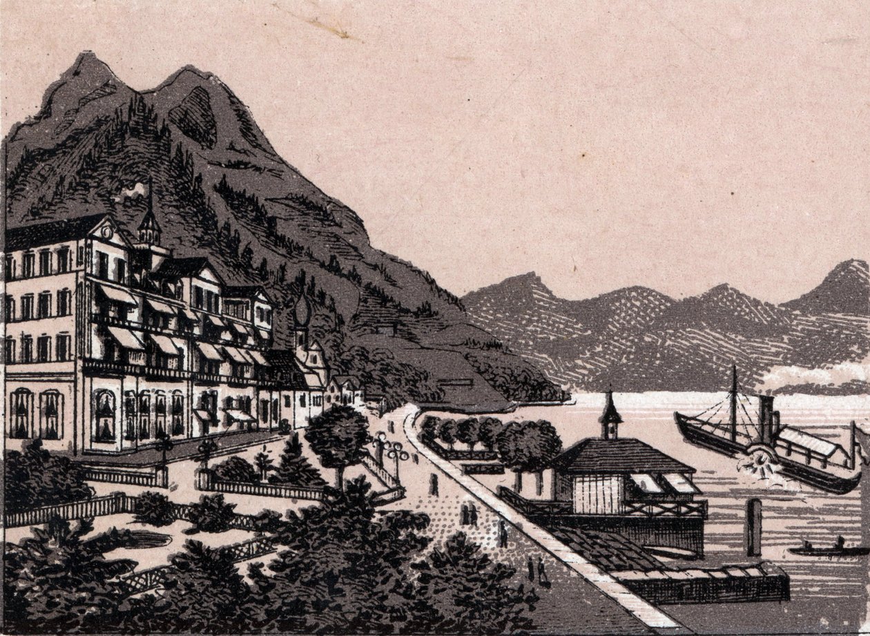 Sveits: utsikt over byen Gersau. i "" Verden illustrerer 168 visninger"" Udatert (slutten av 1800-tallet) av Unknown artist