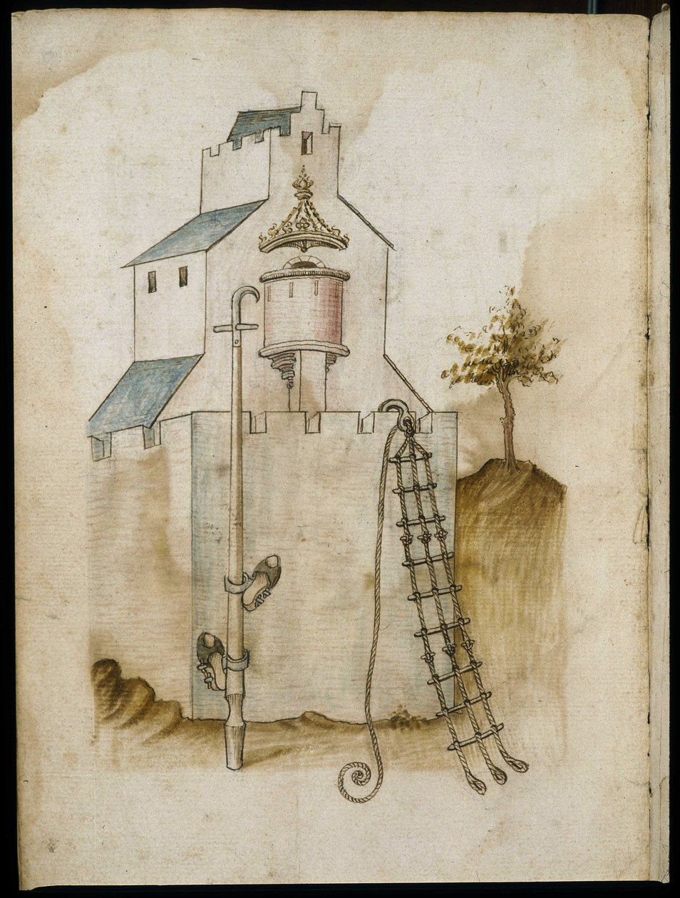 Systemer for å klatre langs vegger - Manuskript: pergamentark av en ingeniørhåndbok for bygging av sivile, religiøse og militære bygninger, anonymt, sent på 1400-tallet (figur med kinesisk blekk) av Unknown artist