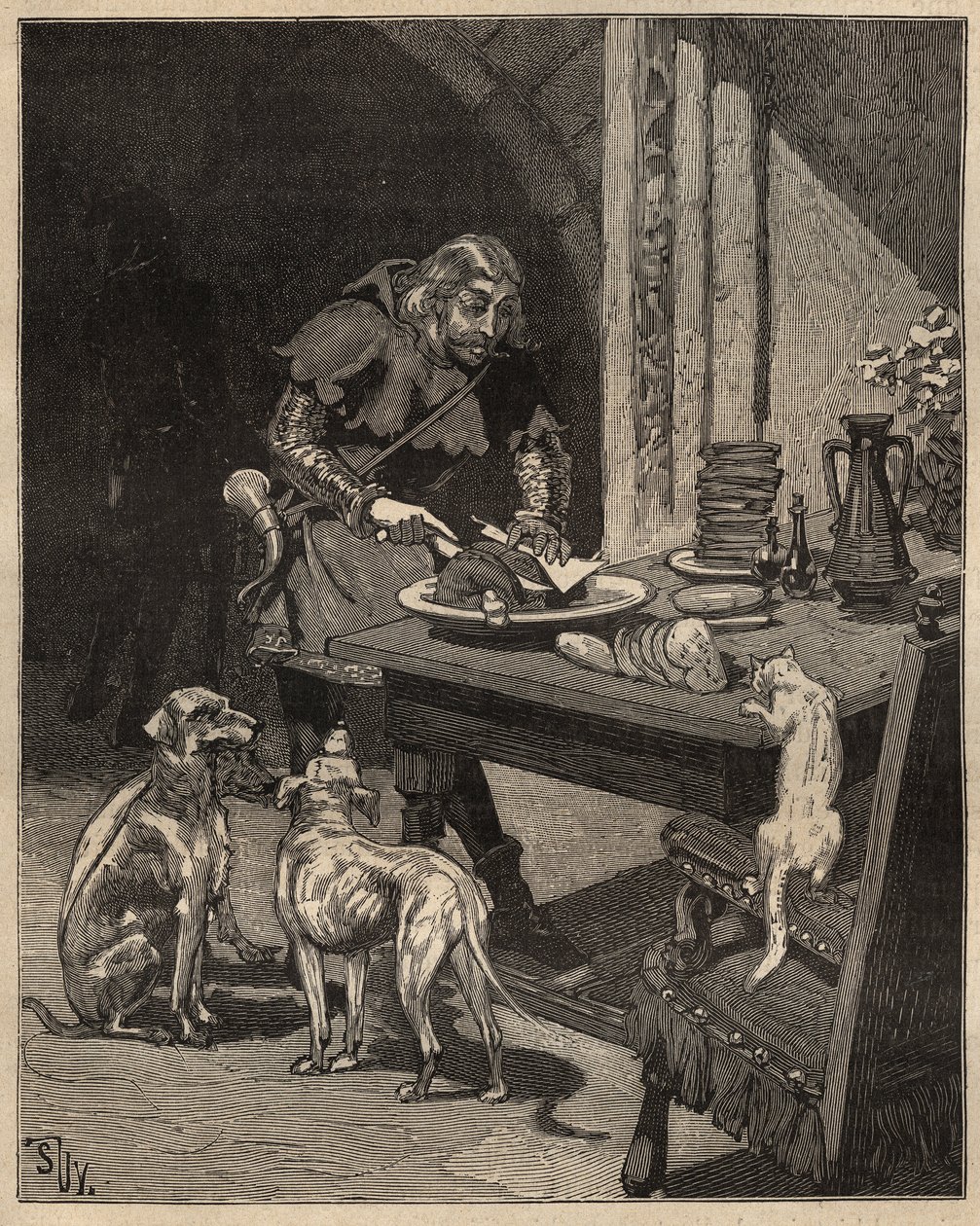 Bordkunst: kutter mat før gaffelen kommer. En mann holder kjøttet med et papirark i den ene hånden og bruker kniven i den andre. Gravering fra 1885 i "" Les arts et metiers illustres"" av Adolphe BITARD. av Unknown artist