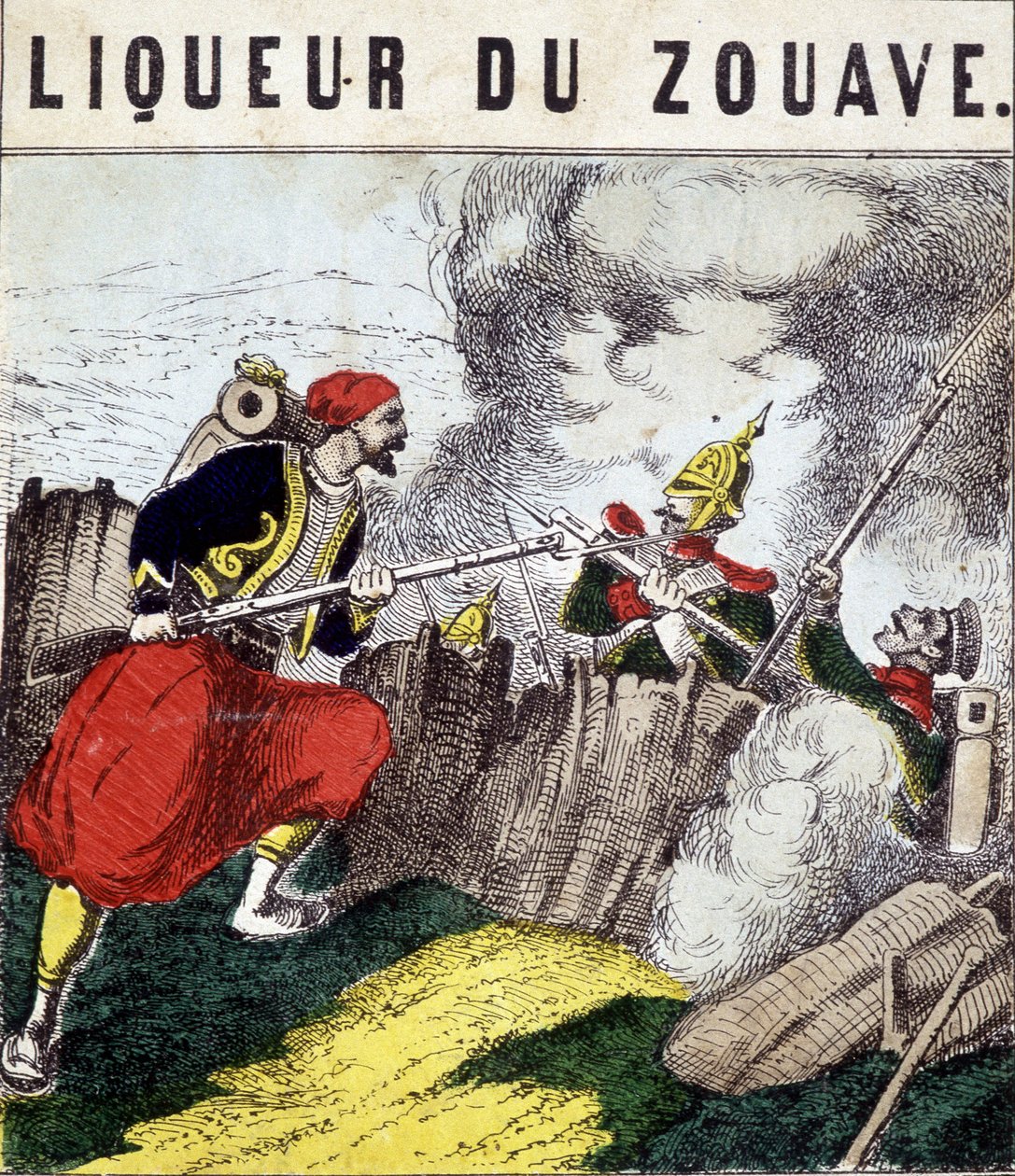 Tag "" Zouave Liqueur"": en Zouave som kjemper mot fiender. n.d. 1800-tallet av Unknown artist