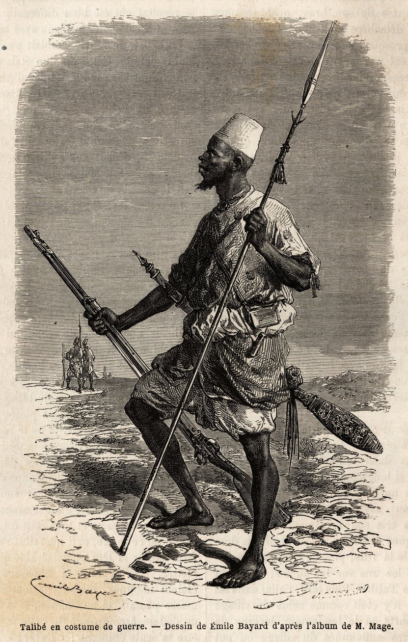 Talibe (en ung student som studerer Koranen) fra hæren til kong Ahmadu (Toucouleur), i en krigsdrakt. Gravering for å illustrere reisen til Vest-Sudan til løytnant (Marine) M.Mage, i 1863-1866, publisert i «Le tour du monde, nouveau journal des voyage av Unknown artist
