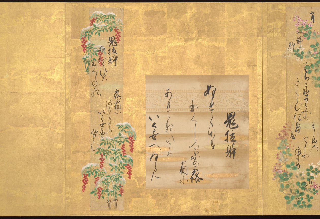 Teikas ti stiler innen japansk poesi, tidlig på 1700-tallet (album med ti blader; blekk og farge på papir) av Unknown Artist