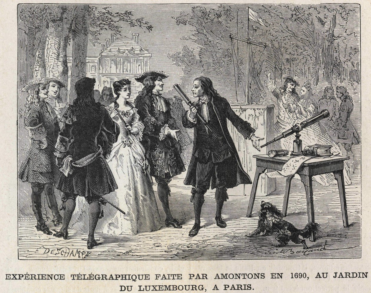 Telegraphic experiment made by Guillaume Amontons in 1690, at the Luxembourg Garden, Paris, engraving 19th century. Bianchetti Collection av Unknown artist