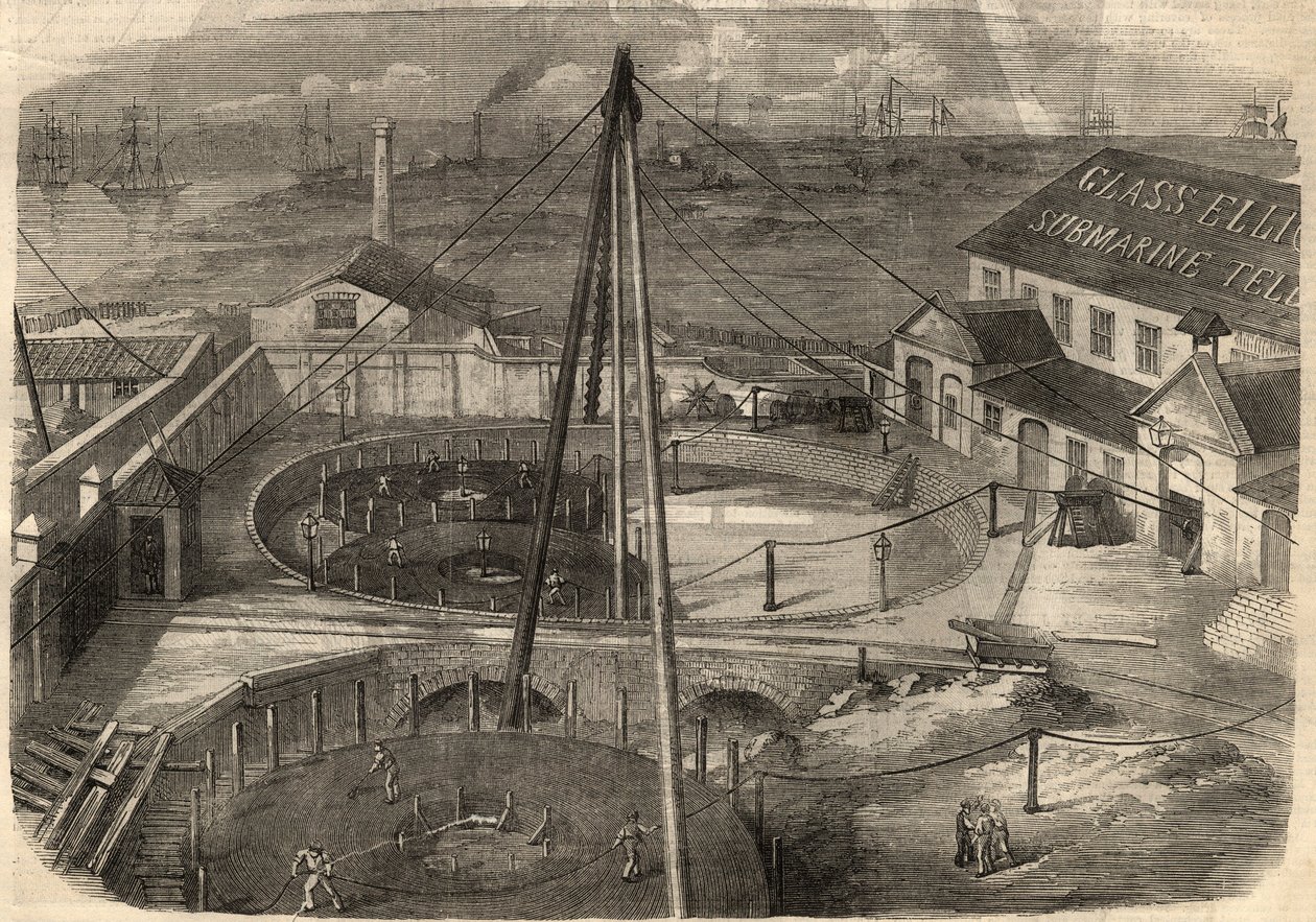 Telegrafi: Den transatlantiske kabelen produsert ved glassfabrikken, Elliot and Company i East Greenwich (England) er klar til å bli levert. Gravering i "" The Illustrated London News"" av 14. mars av Unknown artist