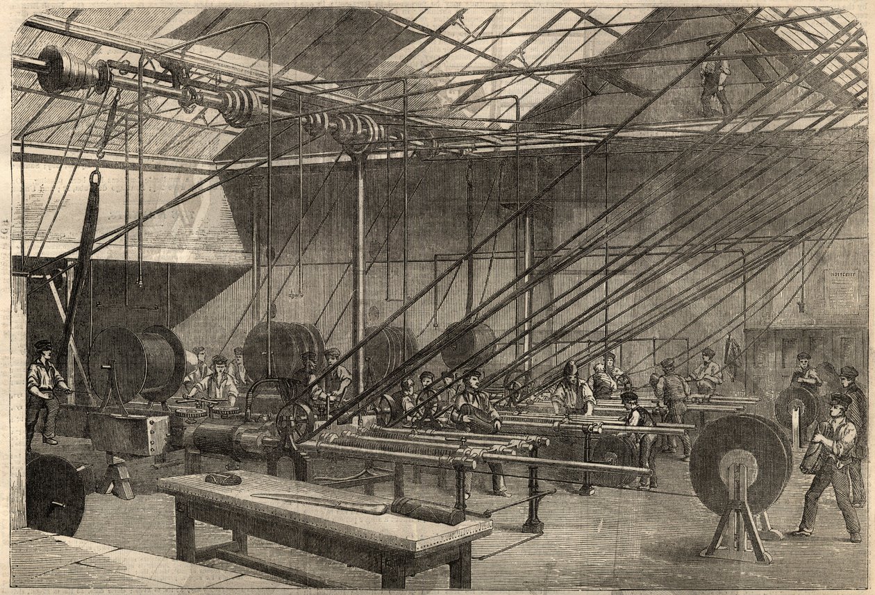Telegrafi: produksjon av transatlantisk kabel. Maskiner som belegger guttaperka-kabelen i Glass, Elliot and Company-fabrikken på Wharf Road i London, England. Gravering i "" The Illustrated London News"" av 14. mars av Unknown artist