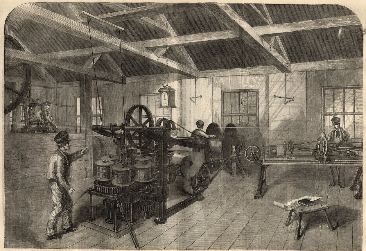 Telegrafi: produksjon av transatlantisk kabel i Glass, Elliot and Company-anlegget i East Greenwich (England). Gravering i "" The Illustrated London News"" av 14. mars av Unknown artist