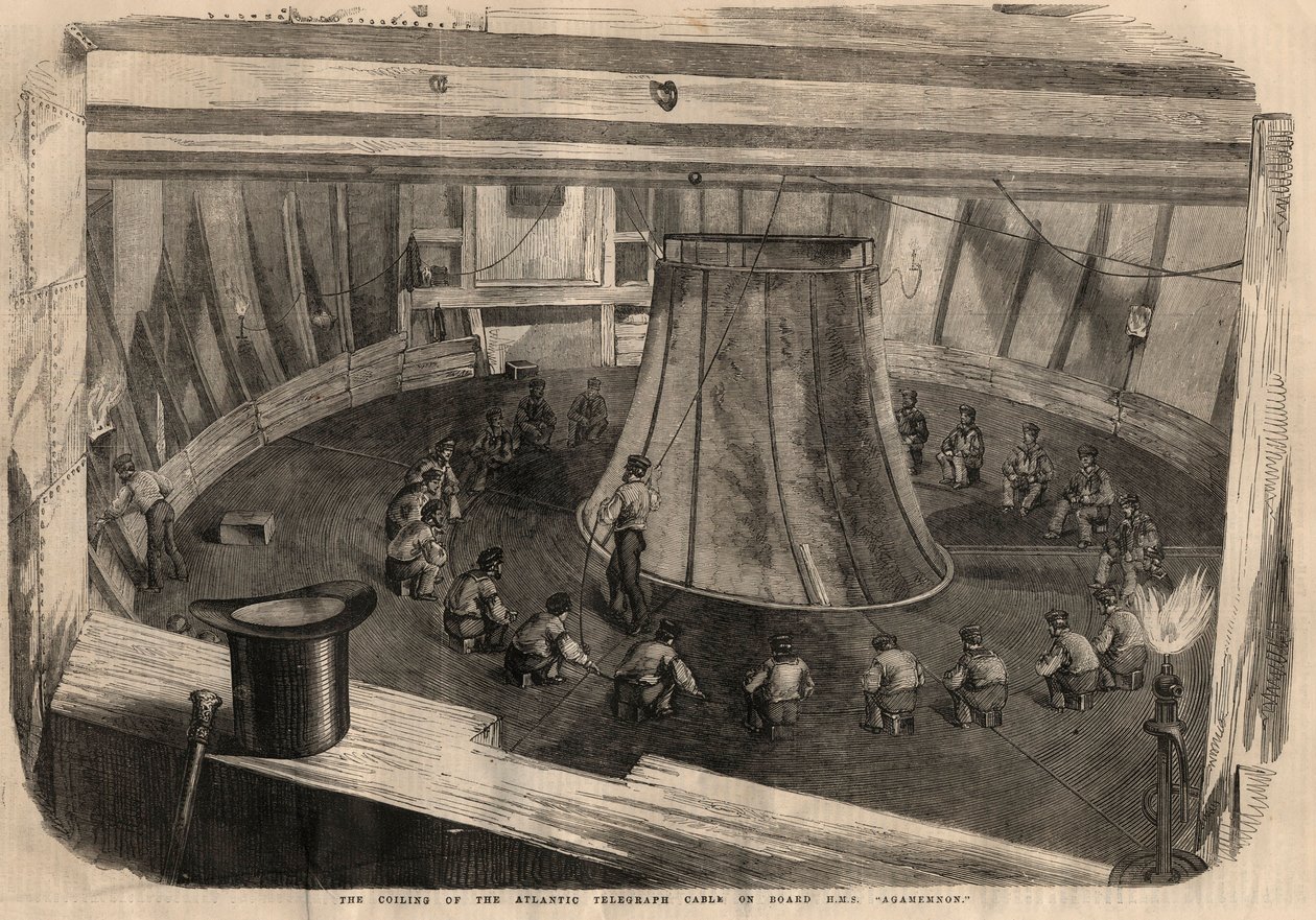 Telegrafi: viklingen av den transatlantiske kabelen om bord på skipet H.M.S. "" Agamemnon """. Gravering i "" The illustrated London News"" av 1. august av Unknown artist